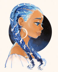 Rule 34 | 1girl, bare shoulders, blue eyes, blue hair, braid, circle, closed mouth, commentary, cornrows, crescent, crescent earrings, crescent facial mark, dark-skinned female, dark skin, earrings, english commentary, eyelashes, facial mark, forehead mark, from side, geneva bowers, half-closed eyes, jewelry, lips, multiple braids, original, shirt, short sleeves, signature, simple background, sky, smile, solo, space, star (sky), starry sky, thick eyebrows, upper body, very dark skin, white background, white shirt, white sleeves