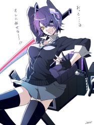 Rule 34 | 10s, 1girl, eyepatch, fingerless gloves, gloves, grin, headgear, kantai collection, machinery, milcho, pantyhose, partially fingerless gloves, personification, purple hair, scabbard, sheath, short hair, smile, solo, sword, tenryuu (kancolle), thighhighs, thighhighs over pantyhose, weapon, yellow eyes