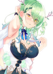 Rule 34 | 1girl, absurdres, ancortsu, antlers, armpits, bare shoulders, blue bow, blue bowtie, blue dress, blush, bow, bowtie, braid, braided bangs, breasts, ceres fauna, cleavage, cleavage cutout, clothing cutout, commentary, dress, earrings, english commentary, flower, green hair, hair between eyes, hair flower, hair ornament, hand in own hair, highres, hololive, hololive english, horns, jewelry, large breasts, long hair, looking at viewer, medium breasts, mole, mole under eye, multicolored hair, parted lips, ribbon, simple background, single braid, solo, streaked hair, upper body, virtual youtuber, white background, yellow eyes