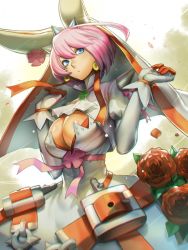 Rule 34 | 1girl, ahoge, animal ears, blue eyes, breasts, buckle, rabbit ears, chromatic aberration, cleavage, cleavage cutout, clothing cutout, clover, cowboy shot, earrings, elphelt valentine, fake animal ears, female focus, flower, four-leaf clover, gloves, guilty gear, guilty gear xrd, hat, headwear request, huge ahoge, jewelry, large breasts, looking at viewer, oetaro, pink hair, red flower, red rose, rose, short hair, solo, spikes, veil, white gloves