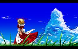 Rule 34 | 1girl, arms behind back, back, bad id, bad pixiv id, blonde hair, blue sky, cloud, day, dress, grass, hair ribbon, highres, interlocked fingers, letterboxed, medicine melancholy, nekominase, outdoors, puffy sleeves, red dress, ribbon, sash, short sleeves, sky, solo, touhou, wind