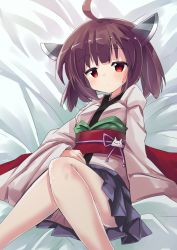 Rule 34 | 1girl, ahoge, bed sheet, blush, brown hair, closed mouth, commentary request, headgear, highres, japanese clothes, kimono, knees up, long sleeves, looking at viewer, lying, obi, on back, pleated skirt, purple skirt, red eyes, ryogo, sash, short kimono, skirt, solo, sweat, touhoku kiritan, voiceroid, white kimono, wide sleeves