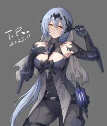 Rule 34 | 1girl, armpits, bare shoulders, belt, belt buckle, bianca: stigmata (punishing: gray raven), bianca (punishing: gray raven), bianca (punishing: gray raven) (cosplay), black belt, black bodysuit, black outline, blue hair, blunt ends, bodystocking, bodysuit, breasts, buckle, chiko (punishing: gray raven), chinese commentary, circlet, cleavage, collarbone, commentary, commission, cosplay, cowboy shot, cross-laced clothes, dated, earrings, gluteal fold, grey background, hair between eyes, halterneck, hand on own chest, hand up, headgear, highres, jewelry, lantern, large breasts, leg armor, light blush, long hair, looking at viewer, mechanical arms, multiple belts, outline, punishing: gray raven, signature, single earring, skin tight, solo, t. r., torn bodystocking, torn clothes, torn veil, veil, very long hair, yellow eyes