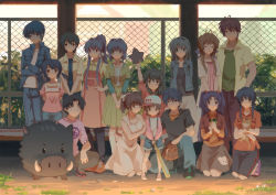 Rule 34 | 4boys, 6+girls, :o, ^ ^, animal, antenna hair, apron, arm up, arms behind back, baseball bat, baseball cap, baseball glove, black hair, blue hair, blue jacket, blue pants, blue shorts, boar, botan (clannad), brown eyes, brown hair, cat, chain-link fence, character request, child, clannad, closed eyes, closed mouth, collarbone, commentary request, crossed arms, dated, denim, dress, everyone, fence, green dress, hair bobbles, hair intakes, hair ornament, hair ribbon, hand on own hip, hat, highres, holding, holding animal, hood, hood down, jacket, jeans, jewelry, kneehighs, kneeling, layered sleeves, long hair, long sleeves, looking at viewer, making-of available, multiple boys, multiple girls, necklace, on one knee, open clothes, open jacket, orange footwear, outdoors, own hands together, pants, ponytail, puffy short sleeves, puffy sleeves, purple eyes, ribbon, shirt, shoes, short hair, short over long sleeves, short sleeves, shorts, sidelocks, signature, skirt, sleeveless, sleeveless dress, smile, sneakers, socks, squatting, standing, star (symbol), suspender shorts, suspenders, t-shirt, twintails, two side up, white dress, white legwear, white ribbon, white skirt, xiaobanbei milk, yellow shirt
