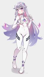 Rule 34 | 1girl, absurdres, blush, bodysuit, breasts, colored inner hair, dress, gem hair ornament, gloves, grey hair, highres, hololive, hololive english, jewel under eye, koseki bijou, long hair, magui3, multicolored hair, official alternate costume, petite, pilot suit, plugsuit, purple eyes, science fiction, skin tight, small breasts, solo, virtual youtuber, white bodysuit