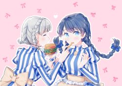 2girls apron averting_eyes black_dress blue_eyes blue_hair blue_ribbon blush bow_background braid breasts burger closed_eyes commentary crown_braid dark_blue_hair diagonal_bangs dollchestra dress facing_another feeding floating_hair food french_fries frilled_apron frills grey_hair hair_ribbon heart highres holding holding_burger holding_food juliet_sleeves link!_like!_love_live! long_hair long_sleeves looking_to_the_side love_live! low_twin_braids low_twintails medium_breasts mimori_(cotton_heart) multiple_girls murano_sayaka official_alternate_costume open_mouth pink_background puffy_sleeves ribbon short_hair short_twintails sideways_glance striped_clothes striped_dress symbol-only_commentary twin_braids twintails two-tone_dress upper_body vertical-striped_clothes vertical-striped_dress virtual_youtuber waist_apron waitress wendy&#039;s white_dress yellow_apron yugiri_tsuzuri yuri