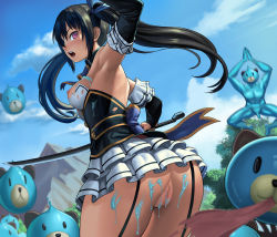 Rule 34 | 1girl, arm up, armpits, ass, bare shoulders, blue ribbon, blurry, breasts, censored, choujigen game neptune, day, depth of field, detached sleeves, dissolving clothes, from behind, hair ribbon, lasterk, medium breasts, mosaic censoring, mountain, multiple girls, neptune (series), nipples, noire (neptunia), open mouth, outdoors, panties, unworn panties, penis, purple eyes, purple panties, pussy, ribbon, solo focus, standing, sweatdrop, sword, torn clothes, tree, twintails, underwear, weapon