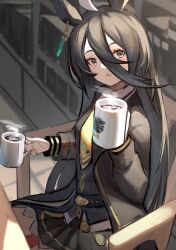 Rule 34 | 1girl, absurdres, ahoge, animal ears, black hair, black jacket, black shirt, black skirt, coffee mug, collared shirt, commentary request, cup, earrings, hair between eyes, highres, holding, holding cup, horse ears, horse girl, indoors, jacket, jewelry, long hair, long sleeves, looking at viewer, manhattan cafe (umamusume), mug, multicolored hair, necktie, no gloves, no legwear, on chair, open clothes, open jacket, open mouth, pleated skirt, shirt, siena (moratoriummaga), single earring, sitting, skirt, solo, streaked hair, umamusume, white hair, wooden chair, yellow eyes, yellow necktie