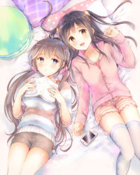 Rule 34 | 2girls, :d, bad id, bad pixiv id, bed sheet, black hair, blush, book, brown eyes, brown hair, brown shorts, cellphone, closed mouth, collarbone, commentary request, food, hair between eyes, hair ornament, hair scrunchie, hand up, hands up, holding, holding book, hood, hood down, hoodie, long hair, long sleeves, looking at viewer, low twintails, lying, macaron, multiple girls, on back, open book, open mouth, original, ousaka nozomi, pajamas, phone, pillow, pink hoodie, pink scrunchie, polka dot, polka dot pillow, polka dot scrunchie, purple eyes, scrunchie, shirt, shorts, sleeves pushed up, smartphone, smile, striped clothes, striped shirt, striped shorts, twintails, very long hair