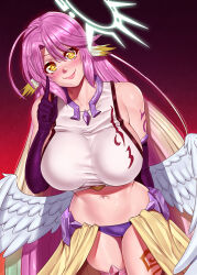 Rule 34 | 1girl, angel, angel wings, animal ears, bird ears, breasts, closed mouth, commentary, crop top, cross, english commentary, feathered wings, gloves, glowing, glowing halo, gradient hair, halo, highres, huge breasts, jibril (no game no life), long hair, looking at viewer, low wings, magic circle, midriff, multicolored eyes, multicolored hair, navel, no game no life, pashapencil, pink hair, purple eyes, smile, solo, spiked halo, symbol-shaped pupils, tattoo, very long hair, white wings, wing ears, wings, yellow eyes