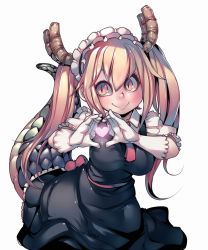 Rule 34 | 1girl, absurdres, artist name, belt, blonde hair, bow, breasts, collar, collared shirt, cowboy shot, dragon girl, dragon horns, dragon tail, frilled sleeves, frills, gloves, heart, heart hands, highres, horns, kobayashi-san chi no maidragon, large breasts, large tail, long hair, looking at viewer, maid, maid headdress, multicolored hair, necktie, orange hair, parororo, red hair, red necktie, red ribbon, ribbon, scales, shirt, signature, simple background, slit pupils, smile, solo, tail, tohru (maidragon), twintails, two-tone hair, white background, white gloves