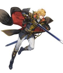 Rule 34 | 1boy, angry, ares (fire emblem), ascot, attack, black cape, black capelet, black coat, black footwear, blonde hair, boots, cape, capelet, coat, collar, fire emblem, fire emblem: genealogy of the holy war, fire emblem heroes, full body, highres, holding, holding sword, holding weapon, lips, looking to the side, male focus, medium hair, mystletainn, nintendo, official art, p-nekor, pants, scowl, serious, sheath, shoulder pads, sidelocks, solo, sword, teeth, transparent background, weapon, white pants, yellow eyes