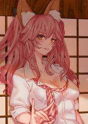 Rule 34 | 10s, 1girl, against door, animal ears, arm at side, black bow, blush, bow, breasts, brown eyes, cleavage, collarbone, collared shirt, diagonal stripes, fate/extella, fate/extra, fate (series), fox ears, hair bow, heart, long hair, long sleeves, looking at viewer, necktie, no bra, parted lips, pink hair, pink lips, red necktie, saliva, seductive smile, shirt, sliding doors, smile, solo, striped necktie, striped neckwear, tamamo (fate), tamamo no mae (fate/extra), upper body, wavy hair, white shirt, whitem (whiteemperor2020), wing collar