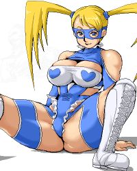 Rule 34 | 1990s (style), 1boy, 1girl, blonde hair, blue eyes, boots, breasts, capcom, cleavage, cleavage cutout, clothing cutout, groin, heart, isu, large breasts, leotard, long hair, lowres, mask, oekaki, rainbow mika, spread legs, street fighter, street fighter zero (series), twintails, when you see it, zangief