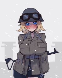 Rule 34 | 1girl, bike shorts, blonde hair, blue eyes, blush, commentary, east german, english commentary, freckles, goggles, heart, heart-shaped pupils, helmet, highres, military uniform, mpi-kms-72, original, phenol r, snowing, strichtarn, symbol-shaped pupils, uniform