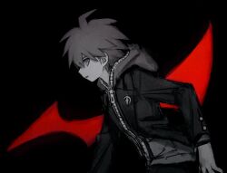 Rule 34 | 1boy, :o, ahoge, black background, danganronpa: trigger happy havoc, danganronpa (series), from side, highres, hood, hood down, hoodie, jacket, kai (pngdrum), leaning forward, long sleeves, male focus, naegi makoto, open clothes, open jacket, open mouth, red background, solo, upper body