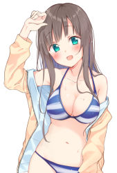 Rule 34 | 1girl, :d, aqua eyes, arm up, bad id, bad pixiv id, bikini, blue bikini, blush, breasts, brown hair, cleavage, collarbone, hood, hoodie, jacket, large breasts, long hair, looking at viewer, maigoyaki, navel, open clothes, open jacket, open mouth, original, simple background, smile, solo, striped bikini, striped clothes, swimsuit, tareme, upper body, white background