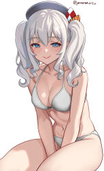 Rule 34 | 1girl, bikini, blue eyes, breasts, closed mouth, collarbone, grey bikini, grey hair, hair between eyes, hat, highres, kantai collection, kashima (kancolle), light blush, long hair, looking at viewer, medium breasts, navel, one-hour drawing challenge, sidelocks, simple background, sitting, smile, solo, swimsuit, thick thighs, thighs, twintails, twitter username, white background, yamano rita