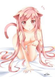 Rule 34 | 1girl, :o, all fours, animal ears, breasts, cat ears, cat tail, catstudioinc, catstudioinc (punepuni), collarbone, fang, highres, long hair, looking at viewer, nipples, nude, original, pink eyes, pink hair, puni (miku plus), red eyes, simple background, solo, surprised, tail, very long hair, white background