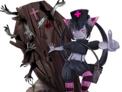 Rule 34 | 1girl, bag, black hair, black hat, black shirt, black shorts, bmp-to-png conversion, breaking, broken, brown bag, chrome (mon-musu quest!), closed mouth, coffin, colored skin, cowboy shot, crop top, cross, demon girl, dirt, disembodied hand, game cg, gloves, grey skin, hand on wall, hat, horizontal-striped thighhighs, horns, index finger raised, knee up, long hair, looking at viewer, midriff, mon-musu quest!, non-web source, nurse cap, pink eyes, pink horns, pink thighhighs, puffy short sleeves, puffy sleeves, purple thighhighs, red cross, ringed eyes, rubber gloves, serious, shirt, short sleeves, shorts, shoulder bag, simple background, solo, spoilers, suspender shorts, suspenders, thighhighs, transparent background, twintails, un do, zombie