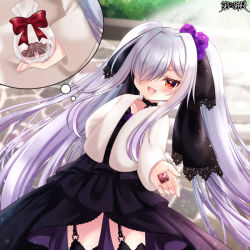 1girl, arm behind back, bag, bangs, black bow, black dress, black legwear, bow, candy, chocolate, chocolate heart, dairoku youhei, day, dress, eyebrows visible through hair, flower, food, garter straps, gift bag, hair bow, hair flower, hair ornament, hair over one eye, heart, holding, holding bag, holding food, jacket, layered dress, long hair, mirai (happy-floral), official art, open clothes, open jacket, outdoors, pleated dress, purple flower, purple rose, red bow, red eyes, rose, silver hair, solo, thighhighs, twintails, valentine, very long hair, watermark, white jacket