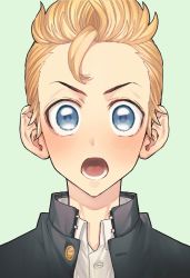 1boy asaku1515 black_jacket blonde_hair blue_eyes blush green_background hanagaki_takemichi highres jacket looking_at_viewer male_focus open_mouth shirt short_hair simple_background solo tokyo_revengers upper_body v-shaped_eyebrows white_shirt