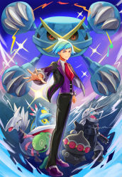 Rule 34 | 1boy, absurdres, aggron, armaldo, belt, belt buckle, black jacket, black pants, blue eyes, blue hair, buckle, claydol, clenched hand, closed mouth, collared shirt, commentary, cradily, creatures (company), full body, game freak, gen 2 pokemon, gen 3 pokemon, highres, jacket, jewelry, long sleeves, male focus, mayst0rm, mega metagross, mega pokemon, metagross, necktie, nintendo, open clothes, open jacket, pants, pokemon, pokemon (creature), pokemon oras, purple footwear, purple vest, red necktie, ring, shirt, shoes, short hair, skarmory, smile, spiked hair, standing, steven stone, vest, white shirt