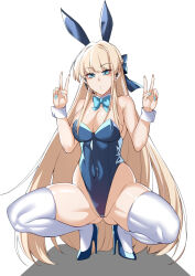 Rule 34 | 1girl, animal ears, blonde hair, blue archive, blue eyes, blue footwear, blue hair, blue nails, breasts, cleavage, covered navel, double bun, earpiece, gluteal fold, groin, hair bun, high heels, highres, large breasts, lc 7v2, long hair, looking at viewer, rabbit ears, solo, spread legs, squatting, thighhighs, toki (blue archive), toki (bunny) (blue archive), very long hair, white thighhighs, wrist cuffs