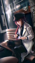 Rule 34 | 1girl, bench, black dress, black footwear, black hat, black pantyhose, blurry, boots, breasts, casual, coat, crossed legs, cup, depth of field, dress, dutch angle, fate/grand order, fate (series), hat, high heel boots, high heels, highres, holding, holding saucer, kisaragi chiyuki, large breasts, long hair, looking at viewer, newspaper, one eye closed, open clothes, open coat, pantyhose, purple hair, red eyes, saucer, scathach (fate), sidelocks, sitting, smile, solo, table, tea, teabag, thigh boots, thighhighs, very long hair, watch, white coat
