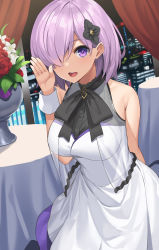 Rule 34 | 1girl, :d, absurdres, arm behind back, bare shoulders, breasts, city lights, commentary, cuffs, curtains, dress, fate/grand order, fate (series), flower, hair ornament, hair over one eye, hand up, highres, large breasts, mash kyrielight, mash kyrielight (under the same sky), official alternate costume, open mouth, purple eyes, purple hair, short hair, smile, solo, suiroh (shideoukami), table, teeth, under the same sky, upper teeth only, vase, white dress