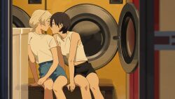Rule 34 | 2girls, arm support, bare shoulders, black shorts, blonde hair, blue shorts, brown hair, doorway, face-to-face, high-waist shorts, highres, kamo kamen, laundromat, leaning to the side, legs, looking at another, multiple girls, on bench, original, ponytail, sandals, shadow, shirt, short hair, short shorts, short sleeves, shorts, sitting, tank top, washing machine, white shirt, white tank top, yuri