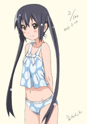 Rule 34 | 1girl, 2011, arms behind back, bare shoulders, bikini, black hair, blush, brown eyes, camisole, dated, errant, k-on!, long hair, looking at viewer, nakano azusa, navel, polka dot, polka dot bikini, polka dot swimsuit, sidelocks, smile, solo, swimsuit, twintails