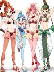 Rule 34 | 1990s (style), 4girls, amazoness quartet, arms up, bishoujo senshi sailor moon, bishoujo senshi sailor moon supers, blue hair, bow, cerecere (sailor moon), flower, green hair, hair bow, junjun (sailor moon), leggings, leotard, multi-tied hair, multiple girls, multiple hair bows, nakagawa waka, pallapalla (sailor moon), pink hair, red hair, retro artstyle, rose, thigh gap, vesves (sailor moon), white background, yellow bow