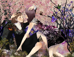 Rule 34 | 2girls, all fours, arm behind head, blush, brown hair, bug, butterfly, cherry blossoms, dress, eye contact, flower, hand on another&#039;s head, insect, long hair, looking at another, multiple girls, original, shigureteki, short hair, sitting