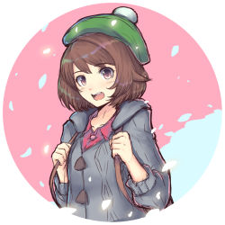 Rule 34 | 1girl, :d, backpack, bag, blue background, blush, bobblehat, brown hair, cardigan, cat with a brush, collared shirt, creatures (company), game freak, gloria (pokemon), green hat, grey cardigan, hat, long sleeves, looking at viewer, nintendo, open mouth, pink background, pink shirt, pokemon, pokemon swsh, purple eyes, round teeth, shirt, short hair, smile, solo, teeth, two-tone background, upper body, upper teeth only