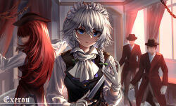 Rule 34 | 2boys, 2girls, absurdres, ascot, black headwear, black jacket, chain, commentary request, curtains, formal, gloves, highres, holding, holding knife, hong meiling, indoors, izayoi sakuya, jacket, knife, long hair, long sleeves, maid, maid headdress, multiple boys, multiple girls, red hair, shirt, signature, top-exerou, touhou, white ascot, white gloves, white shirt, window