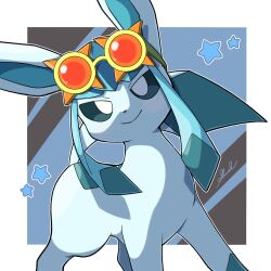 Rule 34 | animal focus, blue eyes, blue hair, bright pupils, creatures (company), game freak, gen 4 pokemon, glaceon, looking at viewer, nintendo, pokemon, pokemon (creature), shual3734, sidelocks, smile, solo, standing, sunglasses, white pupils
