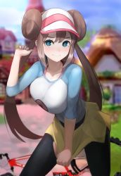 Rule 34 | 1girl, black pantyhose, blue eyes, blush, breasts, brown hair, clothes pull, creatures (company), double bun, game freak, hair bun, highres, large breasts, looking at viewer, nintendo, pantyhose, pokemon, pokemon bw2, rosa (pokemon), shirt, skirt, skirt pull, sweatdrop, twintails, visor cap, wenbeo (dldmsthf4321), yellow skirt