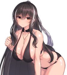 Rule 34 | 1girl, absurdres, bare shoulders, between breasts, bikini, black bow, black choker, black hair, blush, bow, breasts, choker, closed mouth, collarbone, eyelashes, hair between eyes, halterneck, hand up, hanging breasts, highres, kagi f, large breasts, leaning forward, long hair, looking at viewer, multicolored hair, navel, o-ring, o-ring bikini, o-ring bottom, o-ring choker, original, ponytail, shiny skin, sidelocks, simple background, skindentation, smile, solo, stomach, streaked hair, swimsuit, two-tone hair, very long hair, white background, white hair