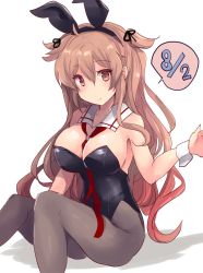 Rule 34 | 1girl, animal ears, between breasts, black leotard, blush, breasts, bunny day, collarbone, dated, detached collar, fake animal ears, hair flaps, heterochromia, highres, hirune (konekonelkk), kantai collection, large breasts, leotard, light brown hair, long hair, looking at viewer, murasame (kancolle), murasame kai ni (kancolle), necktie, pantyhose, playboy bunny, red necktie, shadow, simple background, sitting, smile, solo, two side up, white background, wrist cuffs
