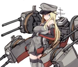 Rule 34 | 10s, 1girl, bismarck (kancolle), blonde hair, blue eyes, breasts, cowboy shot, detached sleeves, grey thighhighs, hat, kantai collection, long hair, machinery, makihitsuji, peaked cap, simple background, sketch, solo, thighhighs, turret, white background