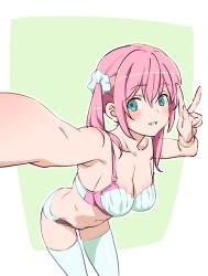 Rule 34 | 1girl, blue eyes, blush, bra, bracelet, breasts, check copyright, copyright request, jewelry, looking at viewer, medium breasts, medium hair, original, panties, parted lips, pink hair, selfie, smile, solo, thighhighs, twintails, two-tone background, u0w0v, underwear, underwear only, v, white thighhighs