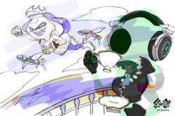 Rule 34 | 2girls, black gloves, blue hair, closed eyes, cloud, crop top, crown, cup, drinking, fangs, fingerless gloves, fish, flying, flying fish, gloves, headphones, inkling, inoue seita, invisible, logo, marina (splatoon), mole, mole under mouth, multiple girls, nintendo, octoling, official art, open mouth, pantyhose, partially unzipped, pearl (splatoon), smile, splatoon (series), splatoon 2, teacup, tentacle hair