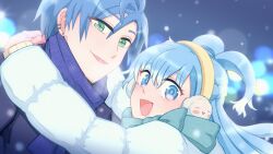 Rule 34 | 1boy, 1girl, blue eyes, blue hair, blurry, bokeh, cy220726, depth of field, ear piercing, earmuffs, green eyes, highres, hololive, hololive indonesia, holostars, holostars english, hug, kobo kanaeru, long hair, looking at viewer, open mouth, piercing, regis altare, short hair, smile, snow, snowing, virtual youtuber, winter clothes
