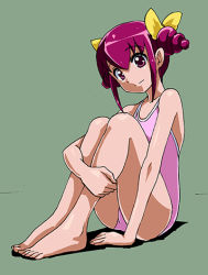 Rule 34 | 10s, 1girl, barefoot, bow, green background, hair bow, hoshizora miyuki, looking at viewer, lowres, one-piece swimsuit, pink eyes, pink hair, pink one-piece swimsuit, precure, rohitsuka, short hair, sitting, smile, smile precure!, solo, swimsuit