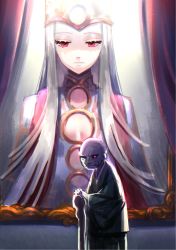 Rule 34 | 1boy, 1girl, bald, cane, crown, dress of heaven, fate/stay night, fate (series), highres, holding, holding cane, japanese clothes, justeaze lizrich von einzbern, long hair, matou zouken, old, old man, painting (object), picture frame, portrait (object), ycco (estrella)