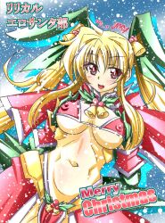 Rule 34 | 1girl, artist name, back bow, bell, bikini, blonde hair, blush, bow, breasts, christmas, covered erect nipples, dated, detached collar, english text, fate testarossa, green bow, green ribbon, hair bow, hair ribbon, hand on own hip, hatara, highleg, highleg bikini, highres, holly, large breasts, long hair, looking at viewer, lyrical nanoha, mahou shoujo lyrical nanoha strikers, merry christmas, navel, neck bell, pelvic curtain, red bikini, red eyes, ribbon, sidelocks, signature, snowing, solo, standing, swimsuit, translated, twintails, very long hair, waist cape