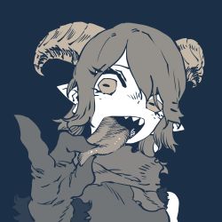 Rule 34 | 1girl, blue background, brown theme, curled horns, demon girl, fewer digits, gloves, highres, horizontal pupils, horns, long tongue, monochrome, original, pinky out, pointy ears, scarf, sharp teeth, short hair, simple background, solo, ssambatea, teeth, tongue, tongue grab, tongue out, upper body