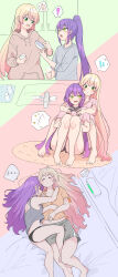 Rule 34 | !, +++, 2girls, absurdres, alarm clock, alternate costume, alternate hairstyle, barefoot, black panties, blonde hair, blue shirt, bowl, boxers, brown hoodie, camisole, casual, clock, closed mouth, commentary request, controller, cup, dishes, dishwashing, drawstring, game controller, gradient hair, green eyes, grey tank top, hair down, high ponytail, highres, holding, holding bowl, holding controller, hololive, hood, hood down, hoodie, long hair, long sleeves, looking at another, male underwear, momosuzu nene, multicolored hair, multiple girls, multiple views, okome 0628, on bed, open mouth, panties, pink shirt, playing games, purple hair, shirt, short sleeves, sidelocks, sink, sleeping, smile, spoken exclamation mark, spoken thumbs up, spoken zzz, t-shirt, tank top, tokoyami towa, underwear, virtual youtuber, yuri, zzz