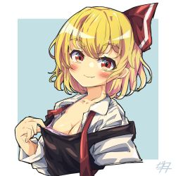 Rule 34 | 1girl, black vest, blonde hair, blue background, blush, border, breasts, cleavage, closed mouth, collared shirt, fang, fang out, hair ribbon, highres, long sleeves, looking at viewer, medium hair, necktie, outside border, red eyes, red necktie, red ribbon, ribbon, rumia, shirt, smile, solo, touhou, two-tone background, undone necktie, upper body, vest, white border, white shirt, woruta (soloistlist)